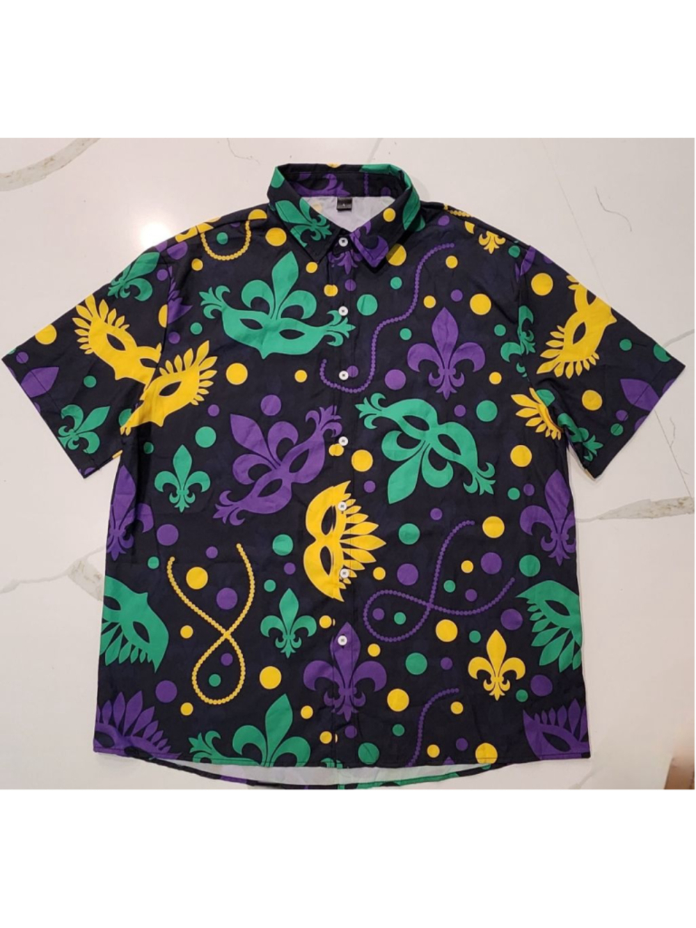 Mardi Gras Shirt Mens L Black Button Down Short Sleeve Fleur de Lis Masks Party